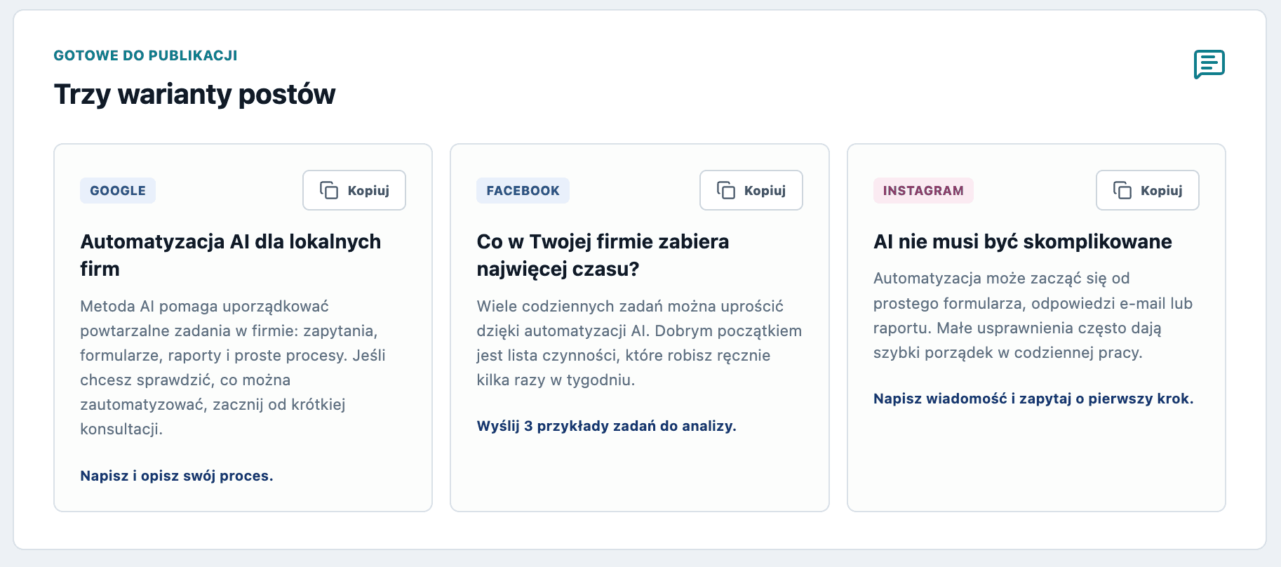 Widok rekomendacji w aplikacji Lokalny Audyt AI