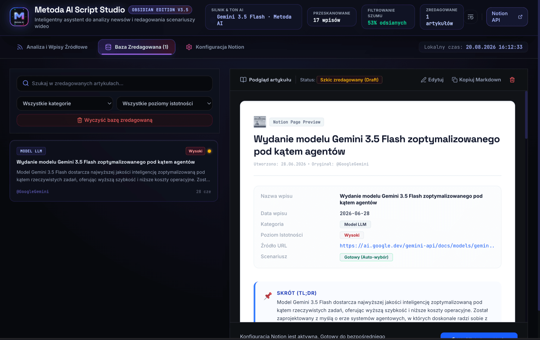 Metoda AI Script Studio — baza zredagowanych wpisów z podglądem strony Notion